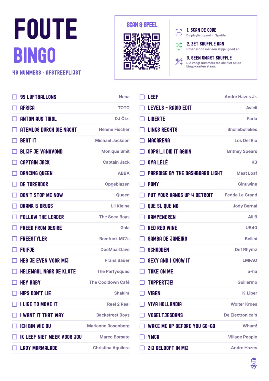 De afstreeplijst van Foute Bingo met alle nummers