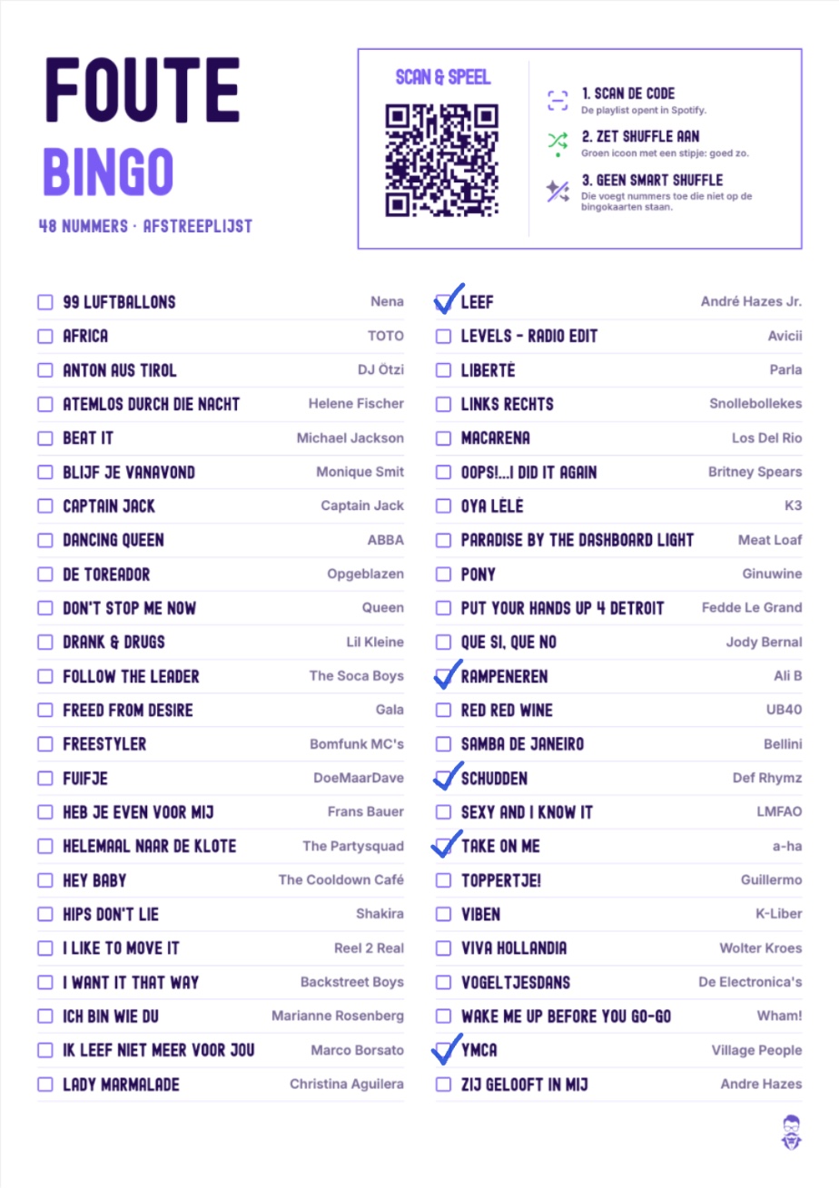 De afstreeplijst van Foute Bingo, vijf nummers afgevinkt
