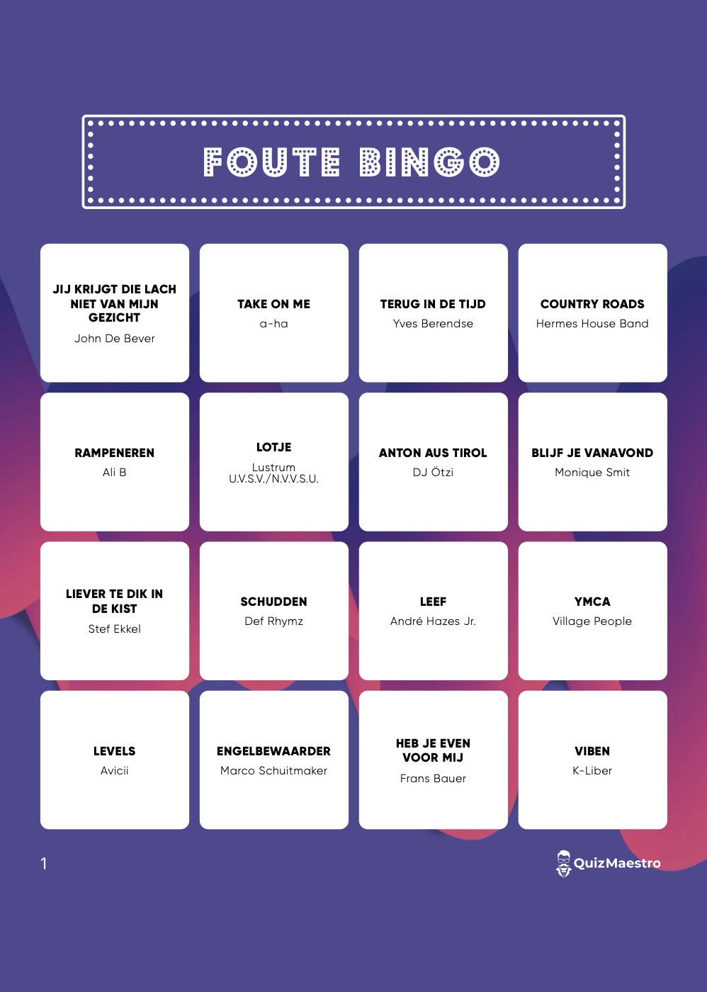 Een Foute Bingo kaart met nummers