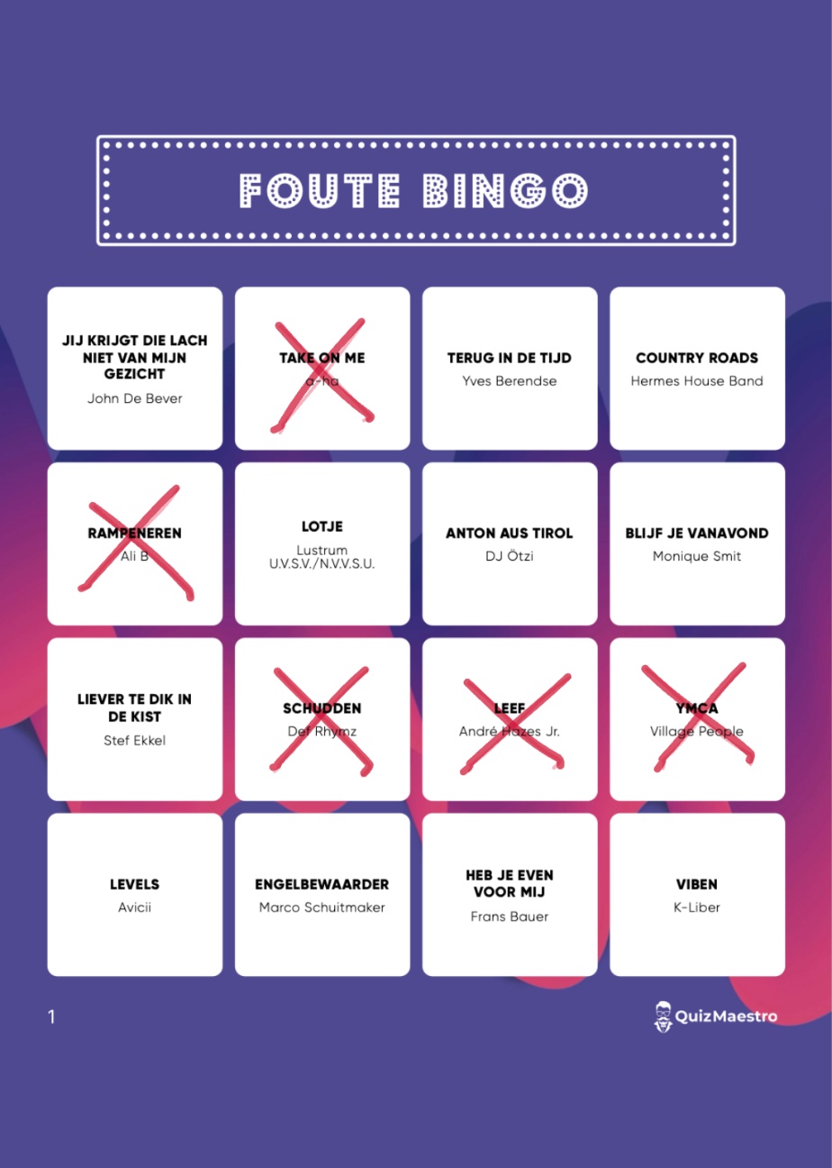 Een gespeelde Foute Bingo kaart met vijf kruisjes