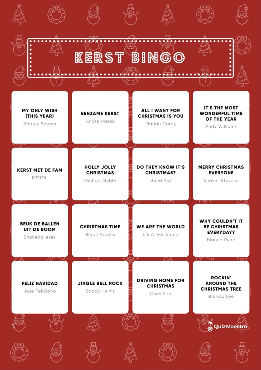 Bingokaart van Kerst Bingo