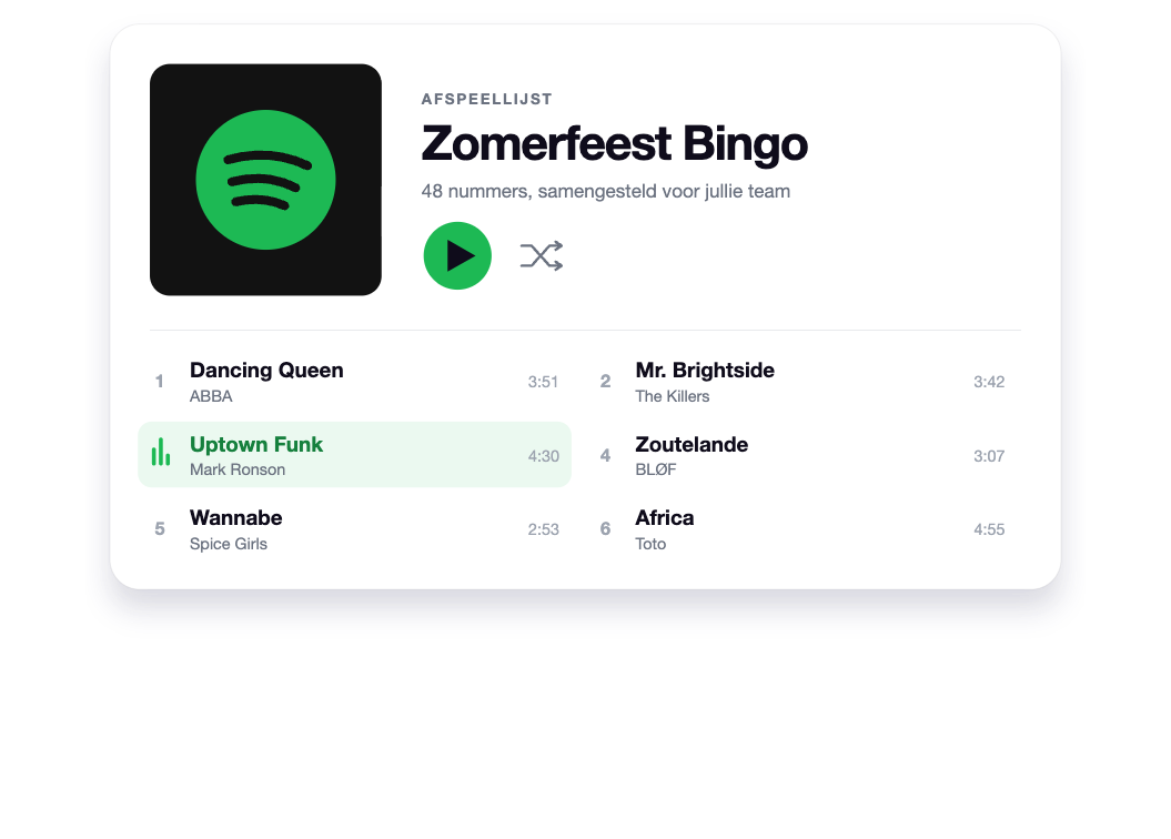 Voorbeeld van een afspeellijst voor een muziekbingo op maat: Zomerfeest Bingo met 48 nummers