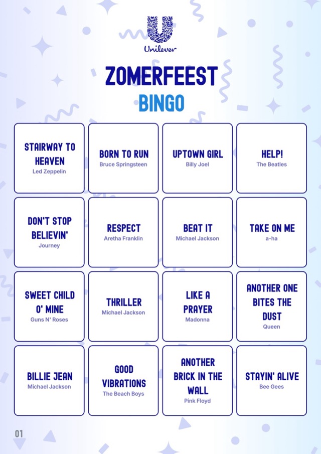 Voorbeeldontwerp: muziekbingokaart met de eigen titel Zomerfeest Bingo in de huisstijl van Unilever