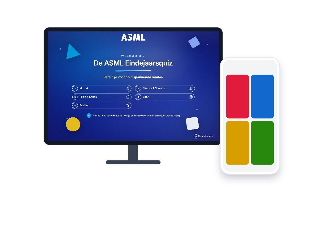 De welkomstslide op een groot scherm en een telefoon met de vier Kahoot-antwoordknoppen