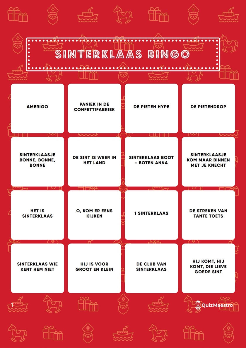 Bingokaart van Sinterklaas Bingo