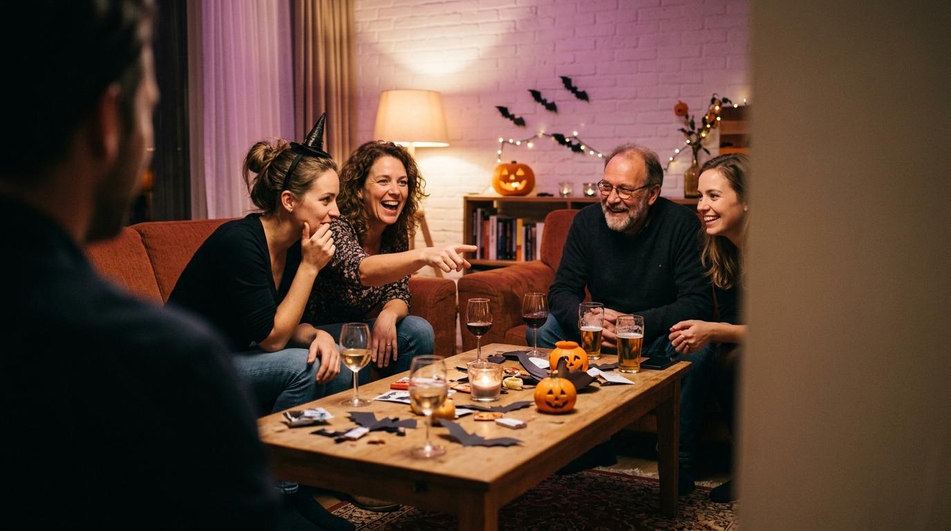 Vrienden spelen muziekbingo tijdens een Halloweenfeest thuis